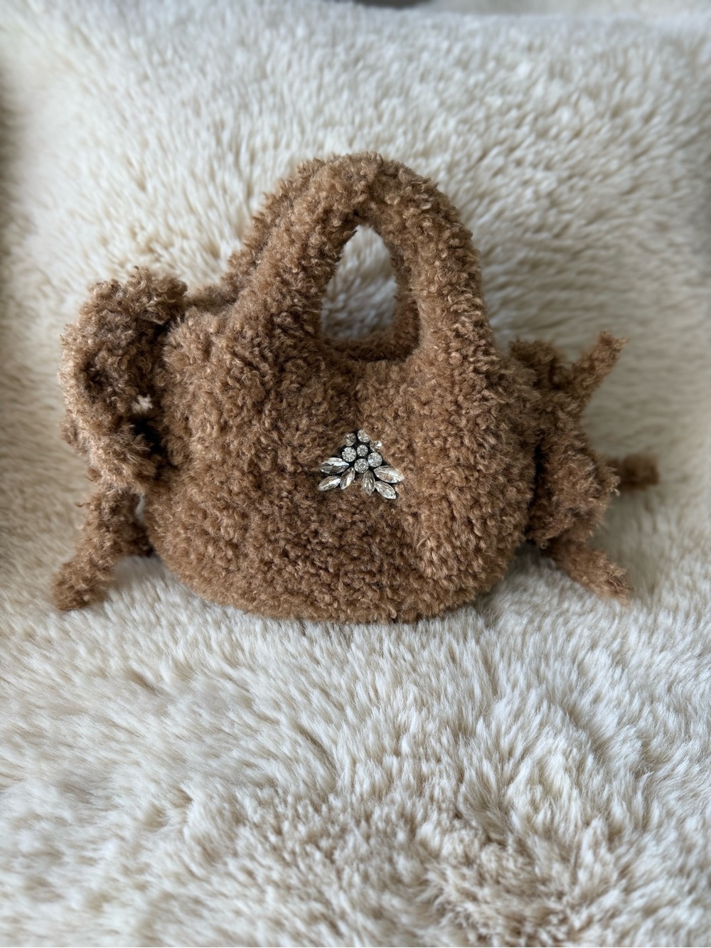Simone Rocha Brown Faux-Shearling Kids Tote with Crystal Accent